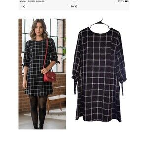 A New Day Black Women’s White Plaid Quarter Tie Sleeve Mini Shift Dress S Career